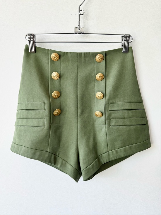 Balmain Pants - NWT Pierre Balmain Olive Green High-Waist Military Style Button Shorts - Size 34